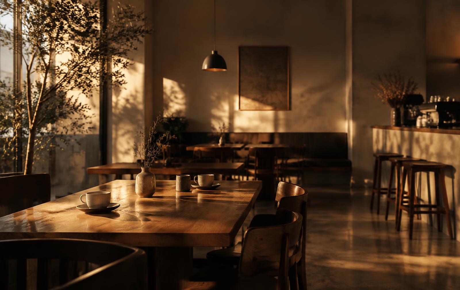 Atmosphärische Innenaufnahme eines Cafés im Abendlicht (KI-generierter Platzhalter)